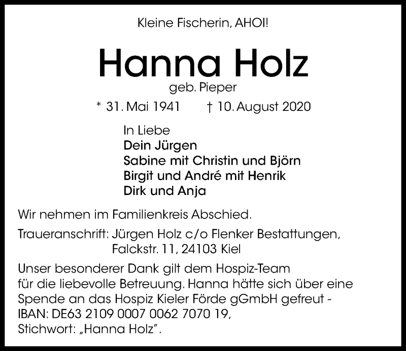  Traueranzeige für Hanna Holz vom 15.08.2020 aus Kieler Nachrichten