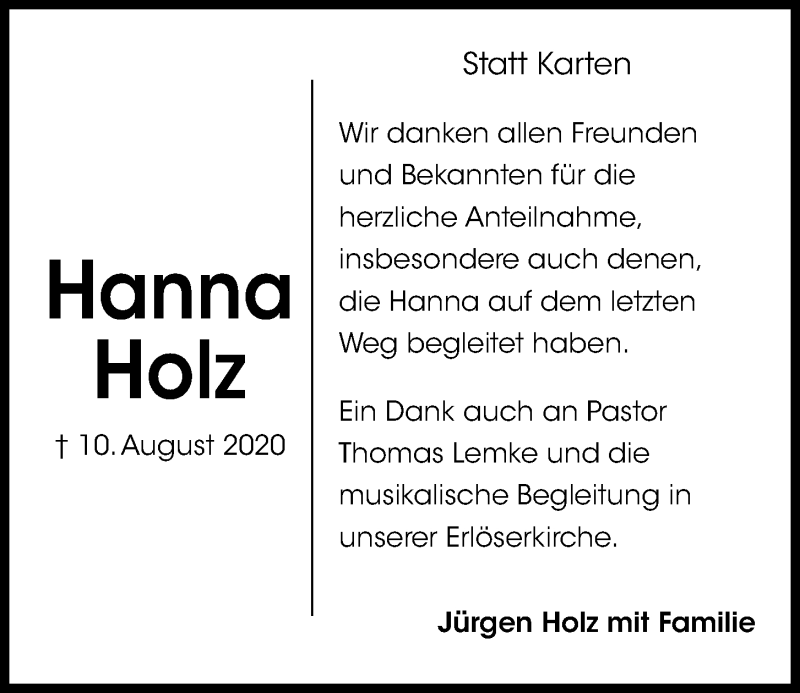  Traueranzeige für Hanna Holz vom 29.08.2020 aus Kieler Nachrichten