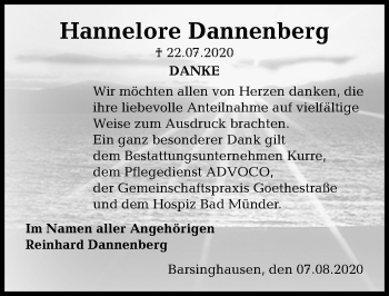 Traueranzeige von Hannelore Dannenberg von Hannoversche Allgemeine Zeitung/Neue Presse