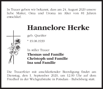 Traueranzeige von Hannelore Herke von Märkischen Allgemeine Zeitung