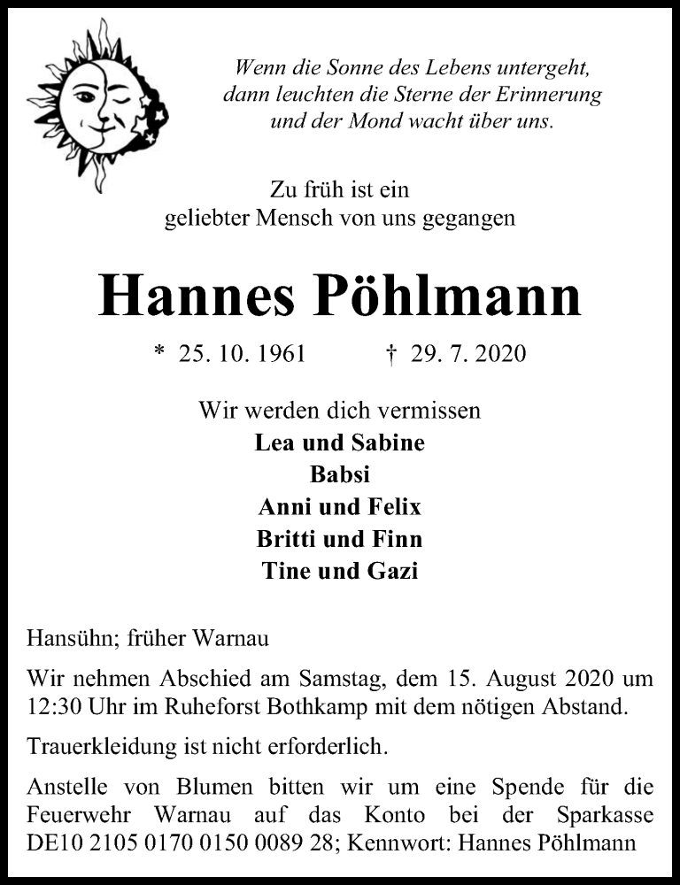  Traueranzeige für Hannes Pöhlmann vom 08.08.2020 aus Kieler Nachrichten