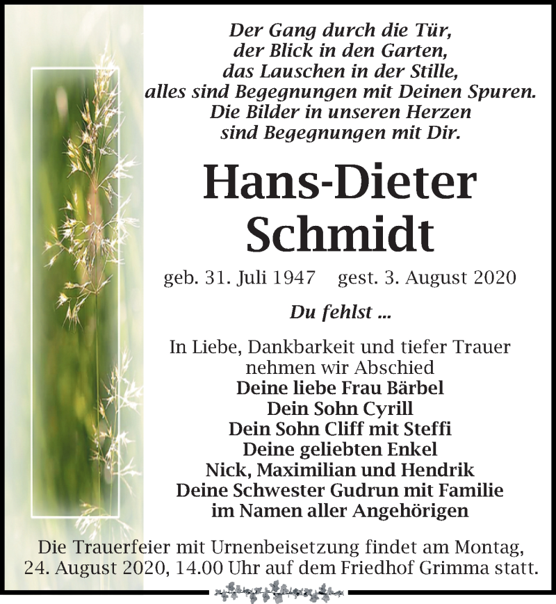  Traueranzeige für Hans-Dieter Schmidt vom 08.08.2020 aus Leipziger Volkszeitung