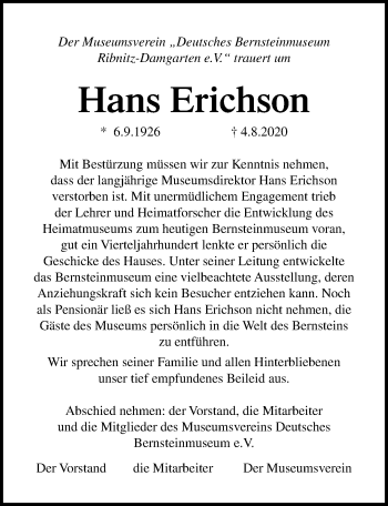 Traueranzeige von Hans Erichson von Ostsee-Zeitung GmbH