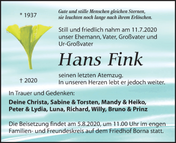 Traueranzeige von Hans Fink von Leipziger Volkszeitung