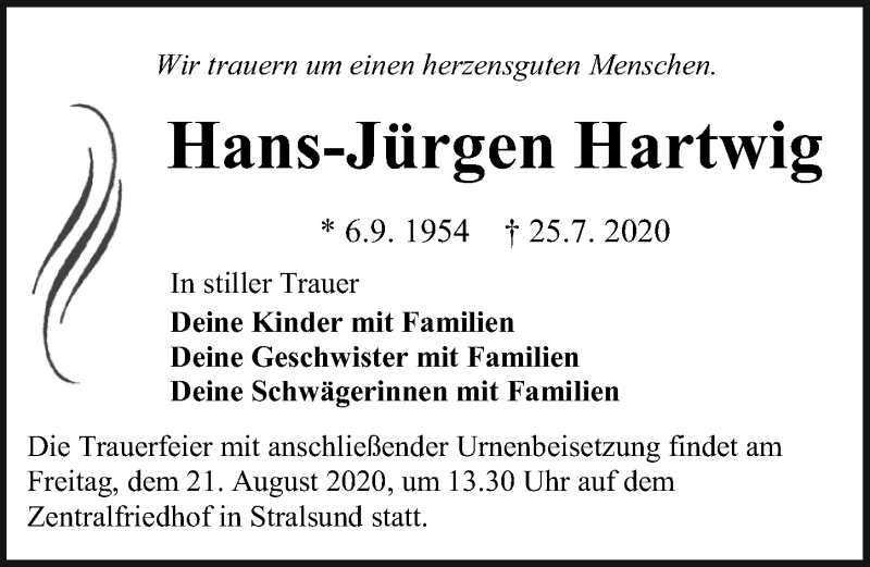  Traueranzeige für Hans-Jürgen Hartwig vom 01.08.2020 aus Ostsee-Zeitung GmbH