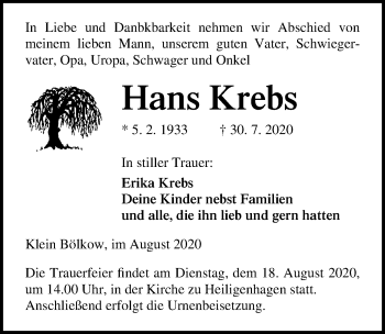 Traueranzeige von Hans Krebs von Ostsee-Zeitung GmbH