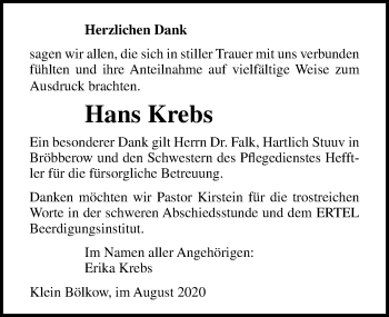 Traueranzeige von Hans Krebs von Ostsee-Zeitung GmbH