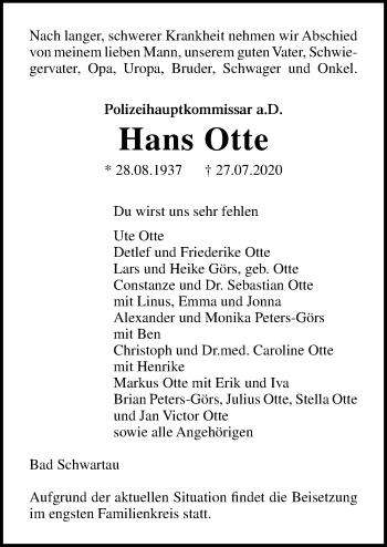 Traueranzeige von Hans Otte von Lübecker Nachrichten