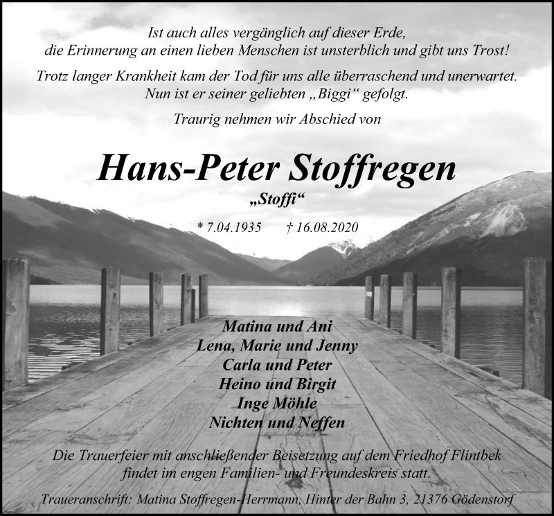  Traueranzeige für Hans-Peter Stoffregen vom 22.08.2020 aus Kieler Nachrichten