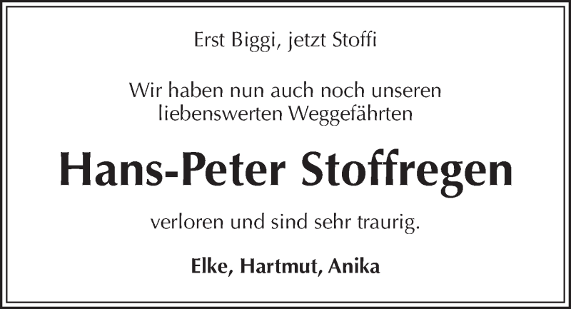  Traueranzeige für Hans-Peter Stoffregen vom 22.08.2020 aus Kieler Nachrichten