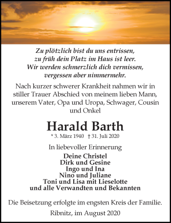 Traueranzeige von Harald Barth von Ostsee-Zeitung GmbH