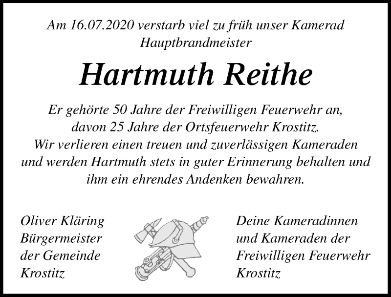  Traueranzeige für Hartmuth Reithe vom 01.08.2020 aus Leipziger Volkszeitung