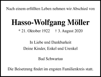 Traueranzeige von Hasso-Wolfgang Möller von Lübecker Nachrichten