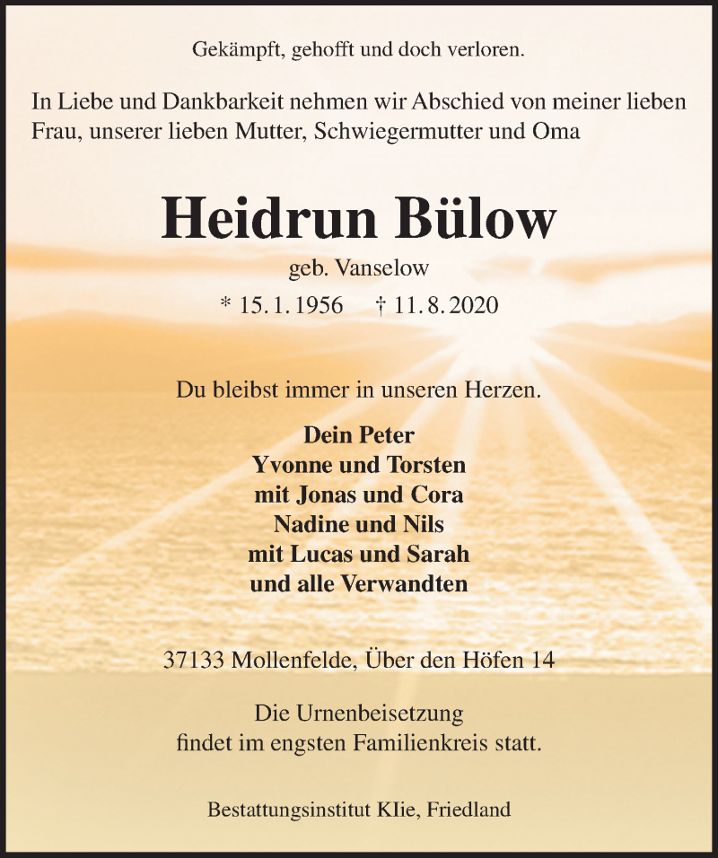  Traueranzeige für Heidrun Bülow vom 15.08.2020 aus Göttinger Tageblatt