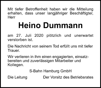 Traueranzeige von Heino Dummann von Ostsee-Zeitung GmbH