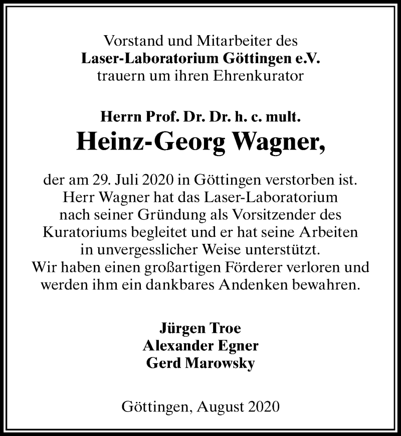  Traueranzeige für Heinz-Georg Wagner vom 15.08.2020 aus Göttinger Tageblatt