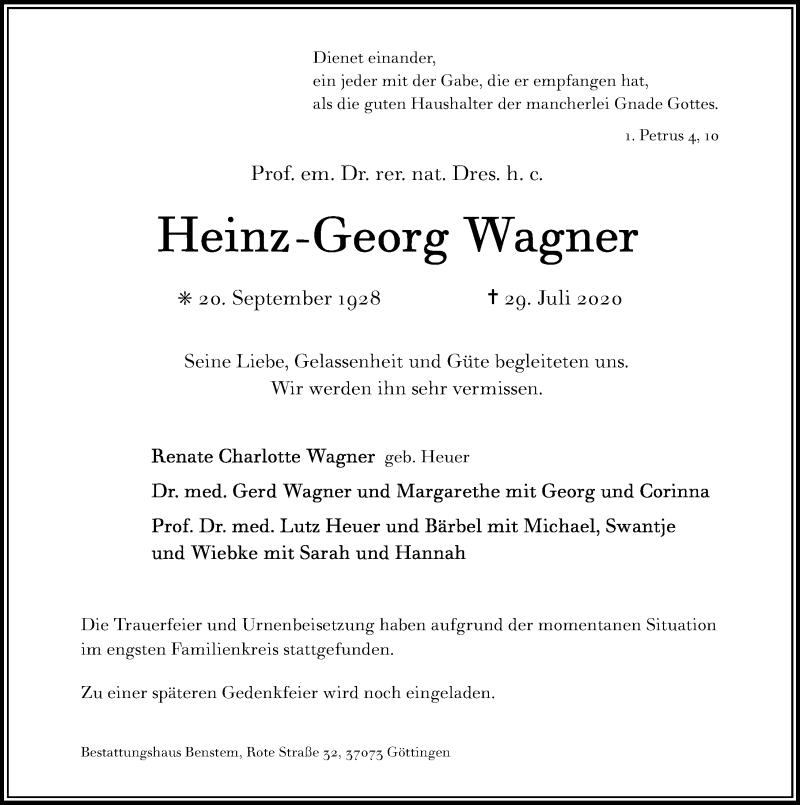  Traueranzeige für Heinz-Georg Wagner vom 08.08.2020 aus Göttinger Tageblatt