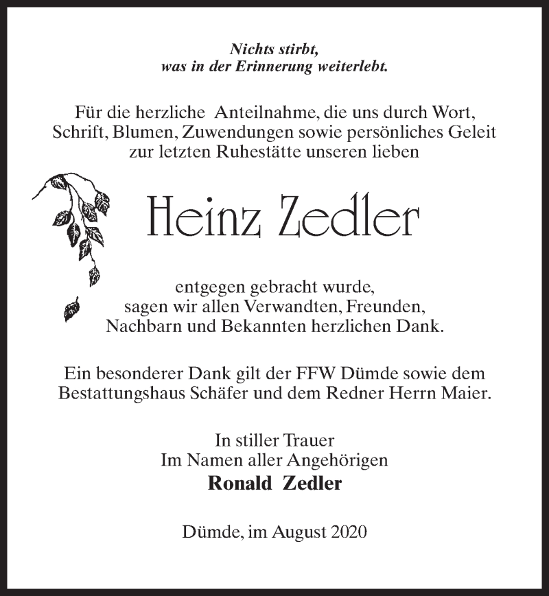  Traueranzeige für Heinz Zedler vom 22.08.2020 aus Märkischen Allgemeine Zeitung