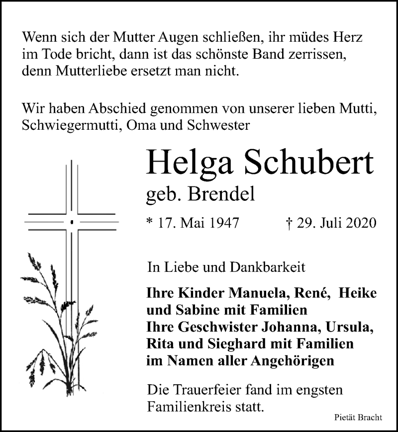  Traueranzeige für Helga Schubert vom 29.08.2020 aus Leipziger Volkszeitung