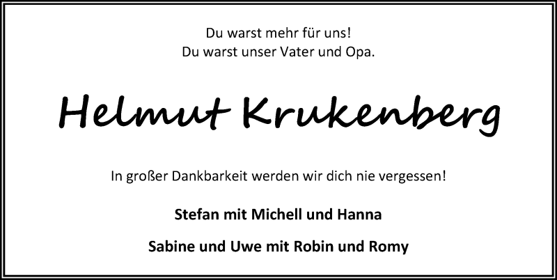  Traueranzeige für Helmut Krukenberg vom 01.08.2020 aus Eichsfelder Tageblatt