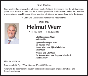 Traueranzeige von Helmut Wurr von Kieler Nachrichten