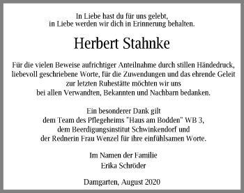 Traueranzeige von Herbert Stahnke von Ostsee-Zeitung GmbH