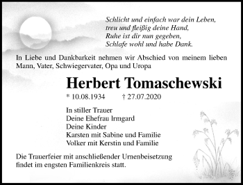 Traueranzeige von Herbert Tomaschewski von Ostsee-Zeitung GmbH