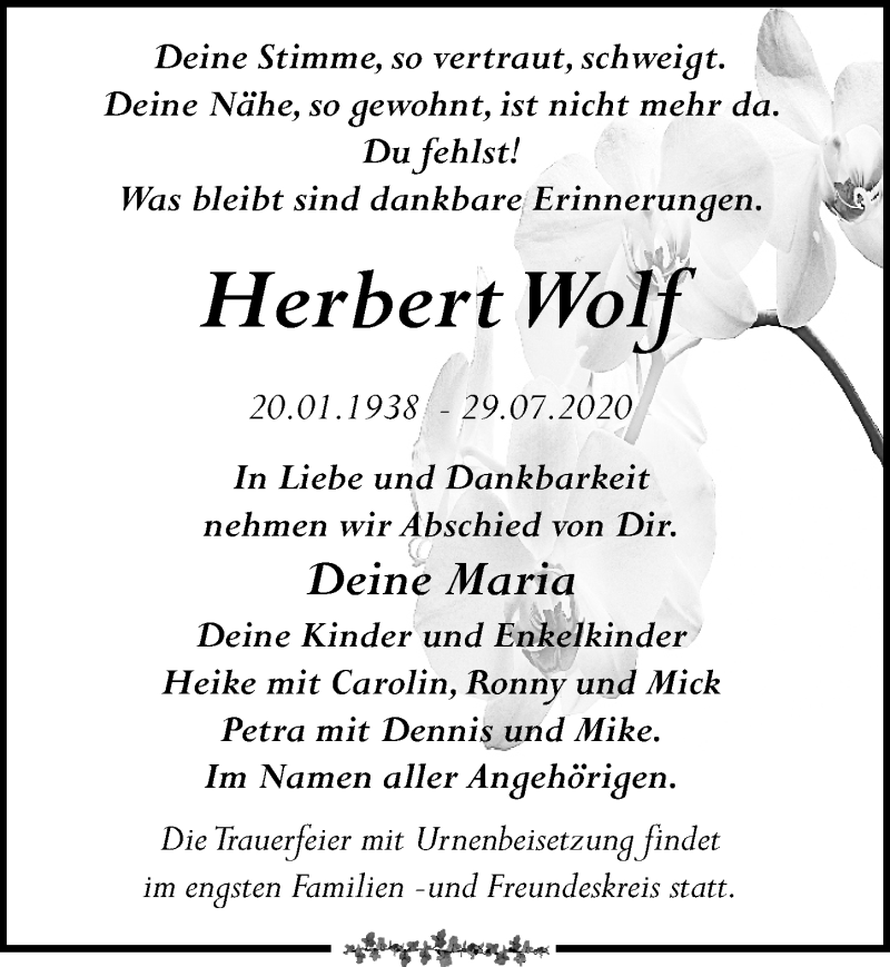  Traueranzeige für Herbert Wolf vom 22.08.2020 aus Leipziger Volkszeitung