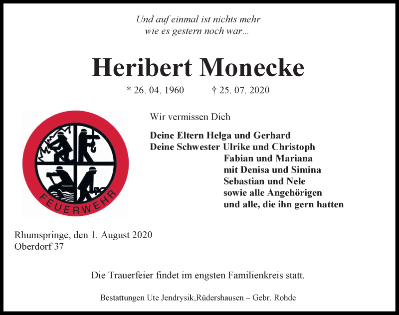  Traueranzeige für Heribert Monecke vom 01.08.2020 aus Göttinger Tageblatt