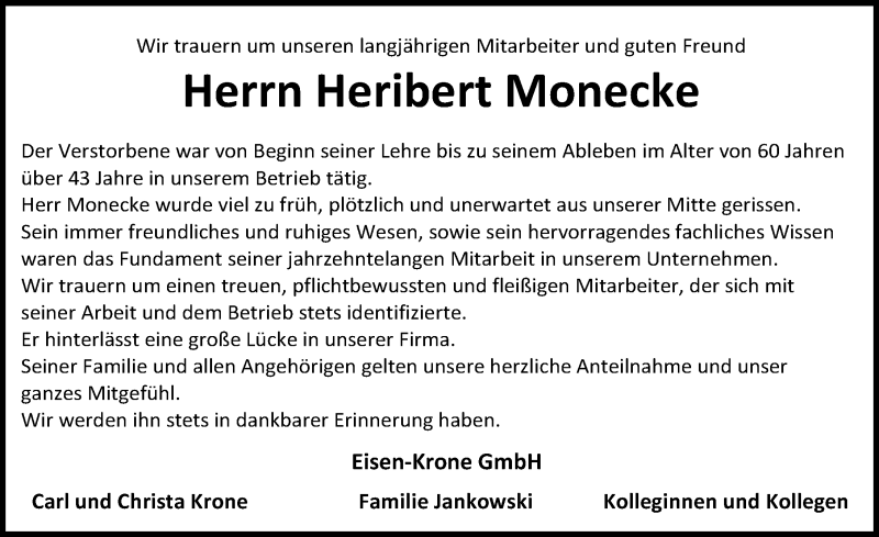  Traueranzeige für Heribert Monecke vom 01.08.2020 aus Eichsfelder Tageblatt