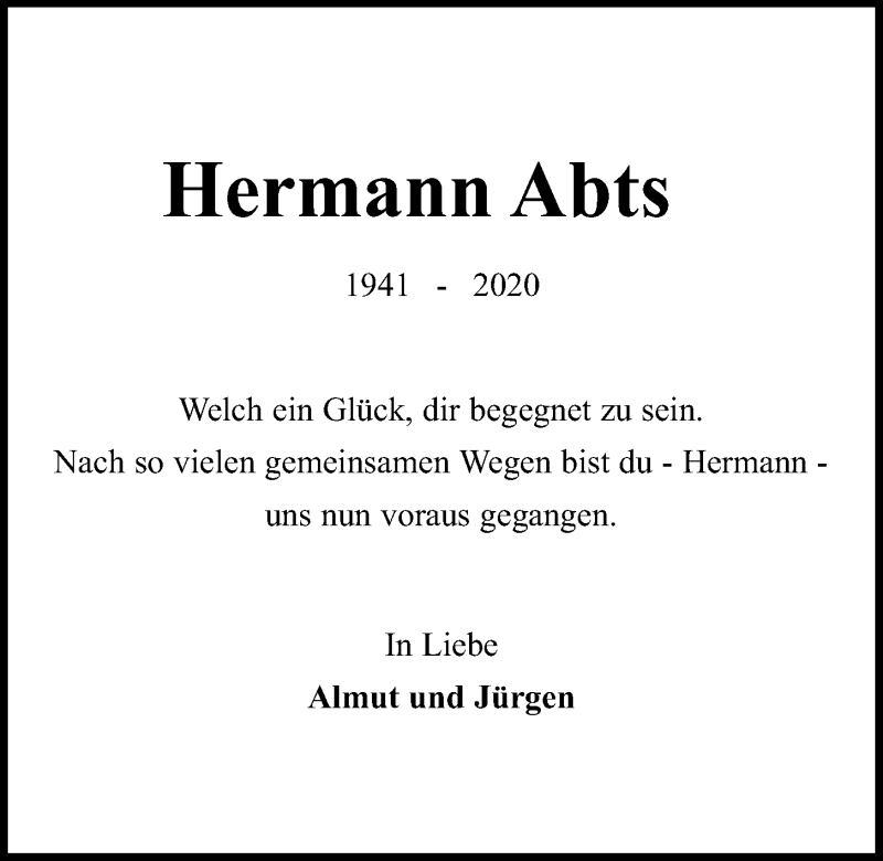  Traueranzeige für Hermann Abts vom 15.08.2020 aus Kieler Nachrichten