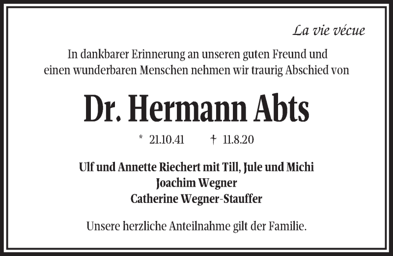  Traueranzeige für Hermann Abts vom 15.08.2020 aus Kieler Nachrichten
