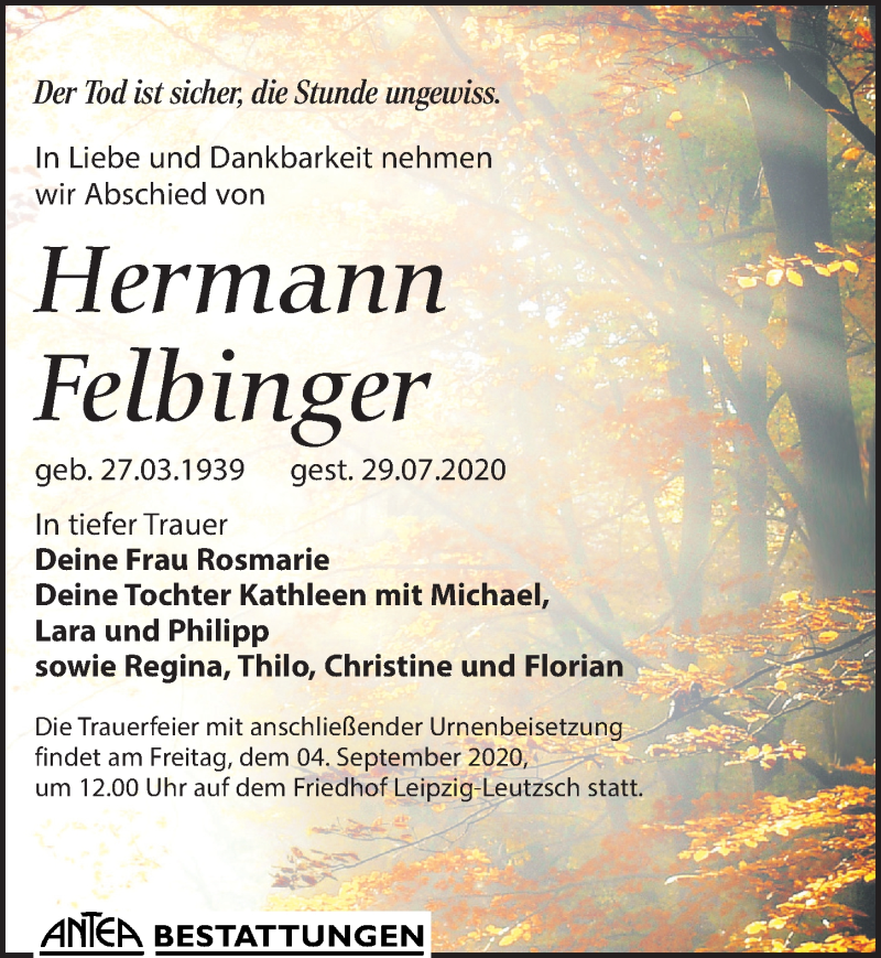  Traueranzeige für Hermann Felbinger vom 08.08.2020 aus Leipziger Volkszeitung