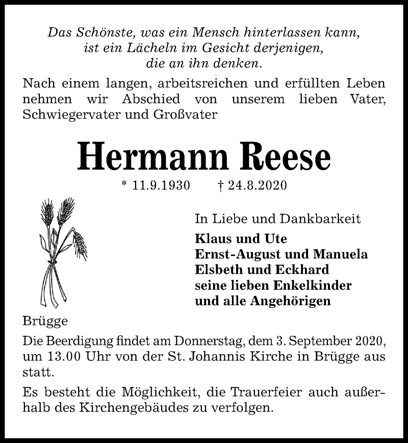 Traueranzeigen von Hermann Reese | trauer-anzeigen.de