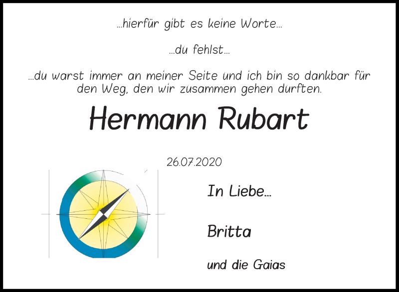  Traueranzeige für Hermann Rubart vom 08.08.2020 aus Schaumburger Nachrichten