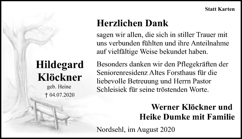  Traueranzeige für Hildegard Klöckner vom 01.08.2020 aus Schaumburger Nachrichten