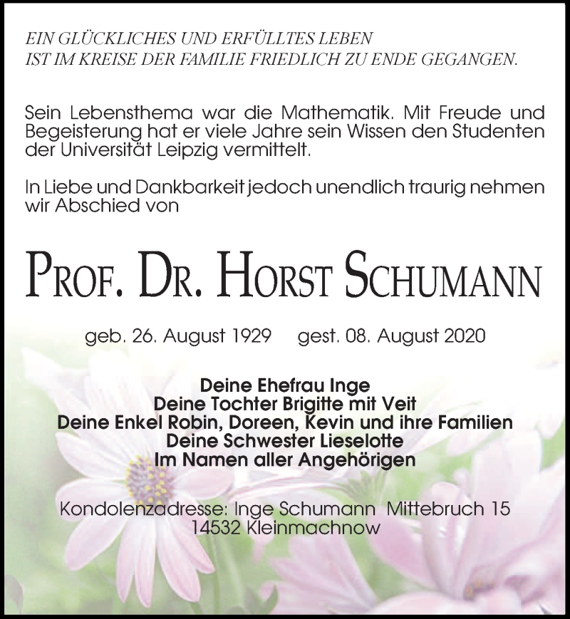  Traueranzeige für Horst Schumann vom 15.08.2020 aus Leipziger Volkszeitung