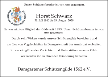 Traueranzeige von Horst Schwarz von Ostsee-Zeitung GmbH