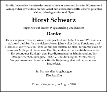 Traueranzeige von Horst Schwarz von Ostsee-Zeitung GmbH