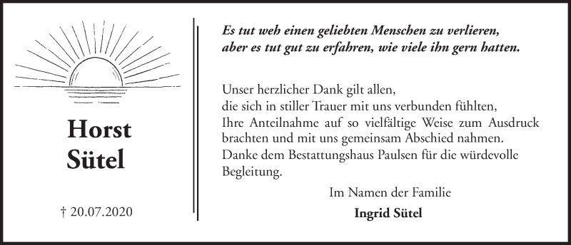  Traueranzeige für Horst Sütel vom 15.08.2020 aus Kieler Nachrichten