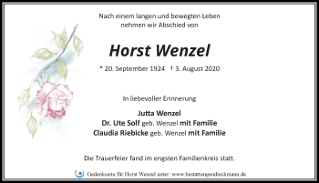 Traueranzeige von Horst Wenzel von Märkischen Allgemeine Zeitung