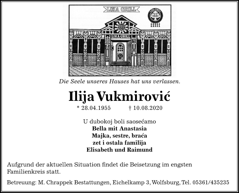  Traueranzeige für Ilija Vukmirovic vom 13.08.2020 aus Aller Zeitung