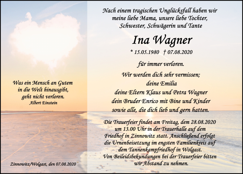  Traueranzeige für Ina Wagner vom 15.08.2020 aus Ostsee-Zeitung GmbH