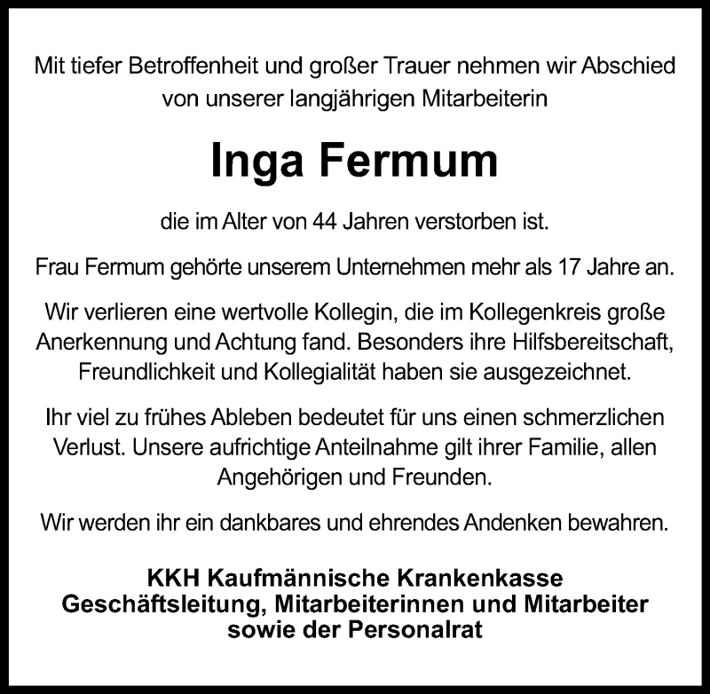  Traueranzeige für Inga Fermum vom 08.08.2020 aus Hannoversche Allgemeine Zeitung/Neue Presse