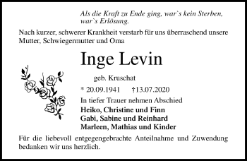 Traueranzeige von Inge Levin von Ostsee-Zeitung GmbH