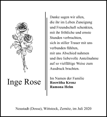Traueranzeige von Inge Rose von Märkischen Allgemeine Zeitung