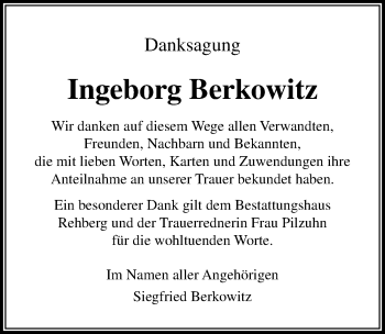 Traueranzeige von Ingeborg Berkowitz von Ostsee-Zeitung GmbH
