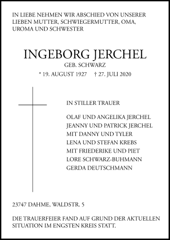 Traueranzeige von Ingeborg Jercher von Lübecker Nachrichten