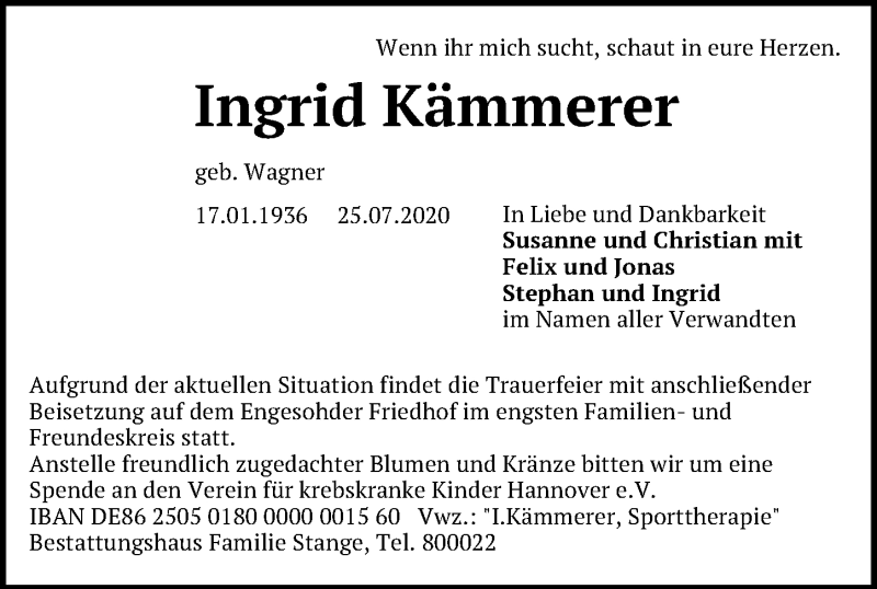  Traueranzeige für Ingrid Kämmerer vom 01.08.2020 aus Hannoversche Allgemeine Zeitung/Neue Presse