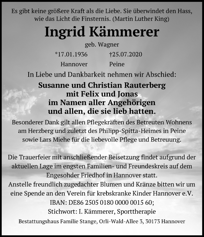  Traueranzeige für Ingrid Kämmerer vom 01.08.2020 aus Peiner Allgemeine Zeitung